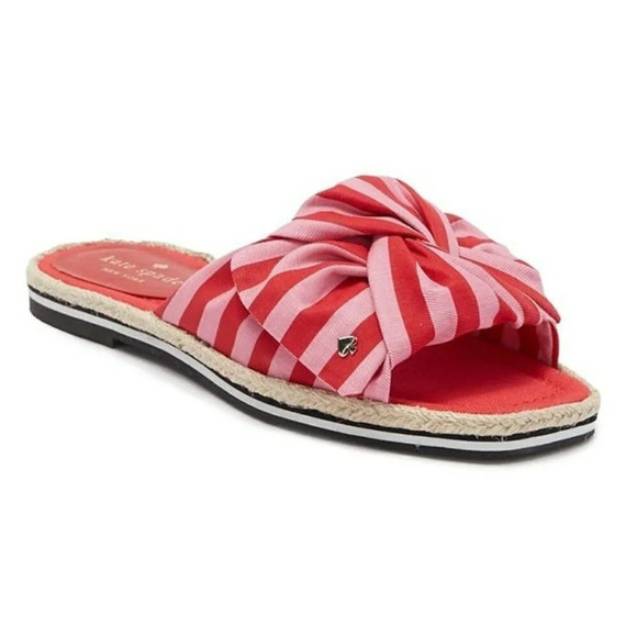 Kate Spade Women's Caliana Pink Red Striped Bow Flat Sandals Size 5.5 MSRP $138 - Picture 1 of 11
